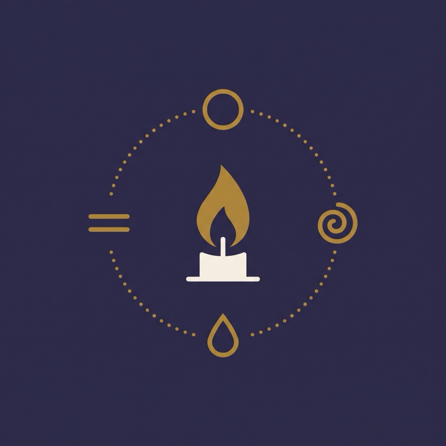 The Panch Tatva mandala — a candle flame ringed by the five elements